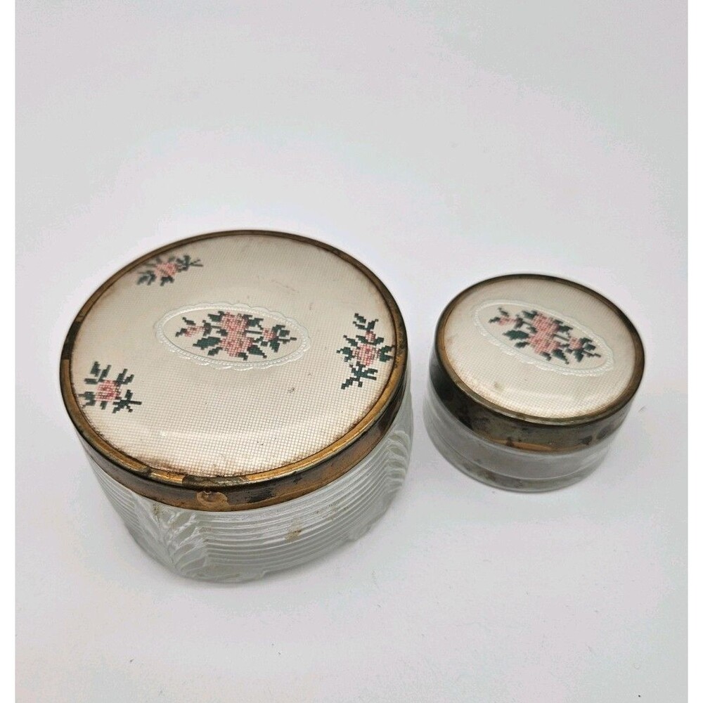 VTG Petite Point Embroidered Floral  Glass Vanity Powder Perfume Jars Set MCM